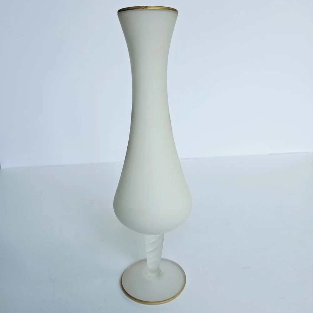 Vintage Frosted Satin Glass‎ Bud Vase Hand Painted Floral Gold Rim Decor 10.5in